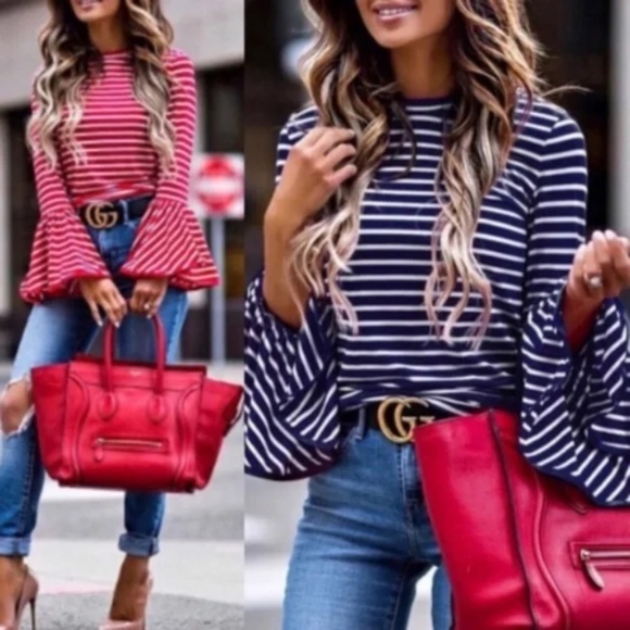 044 Boho Stripes Bell Sleeve Ruffle Top - Picture 2 of 9